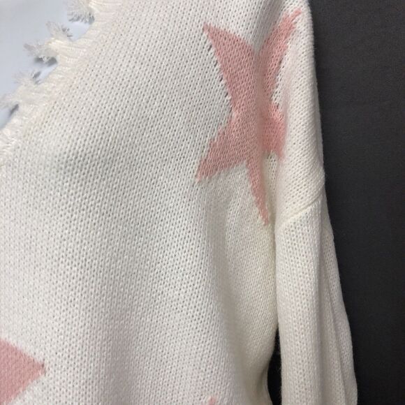 Sweet & Sinful Womens Large Cream Frayed Design Pink Stars Sweater L - Picture 8 of 16